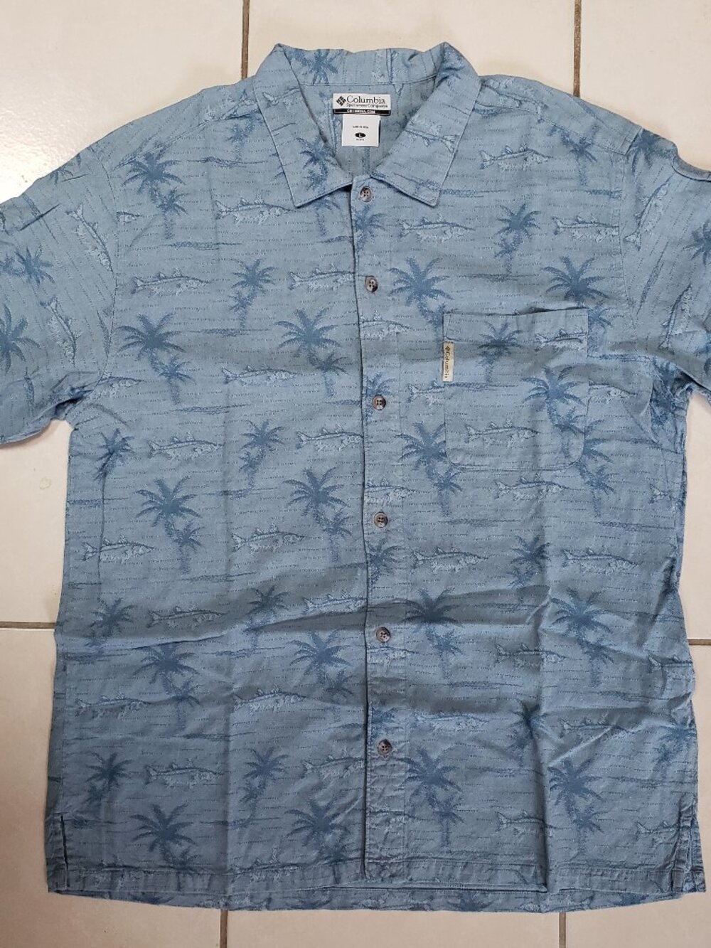 Colmubia Camp Shirt, Fish and Palms, Blue, Large